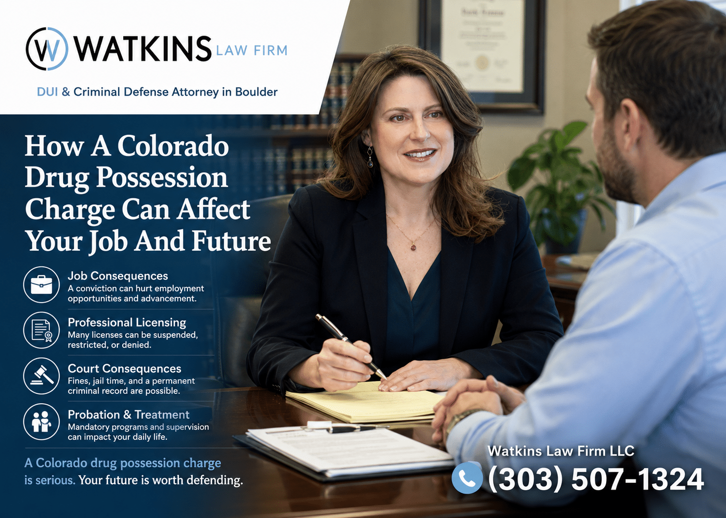 Two professionals in a law office discuss at a desk as a woman signs a document, with Watkins Law Firm branding and phone number visible on the screen.