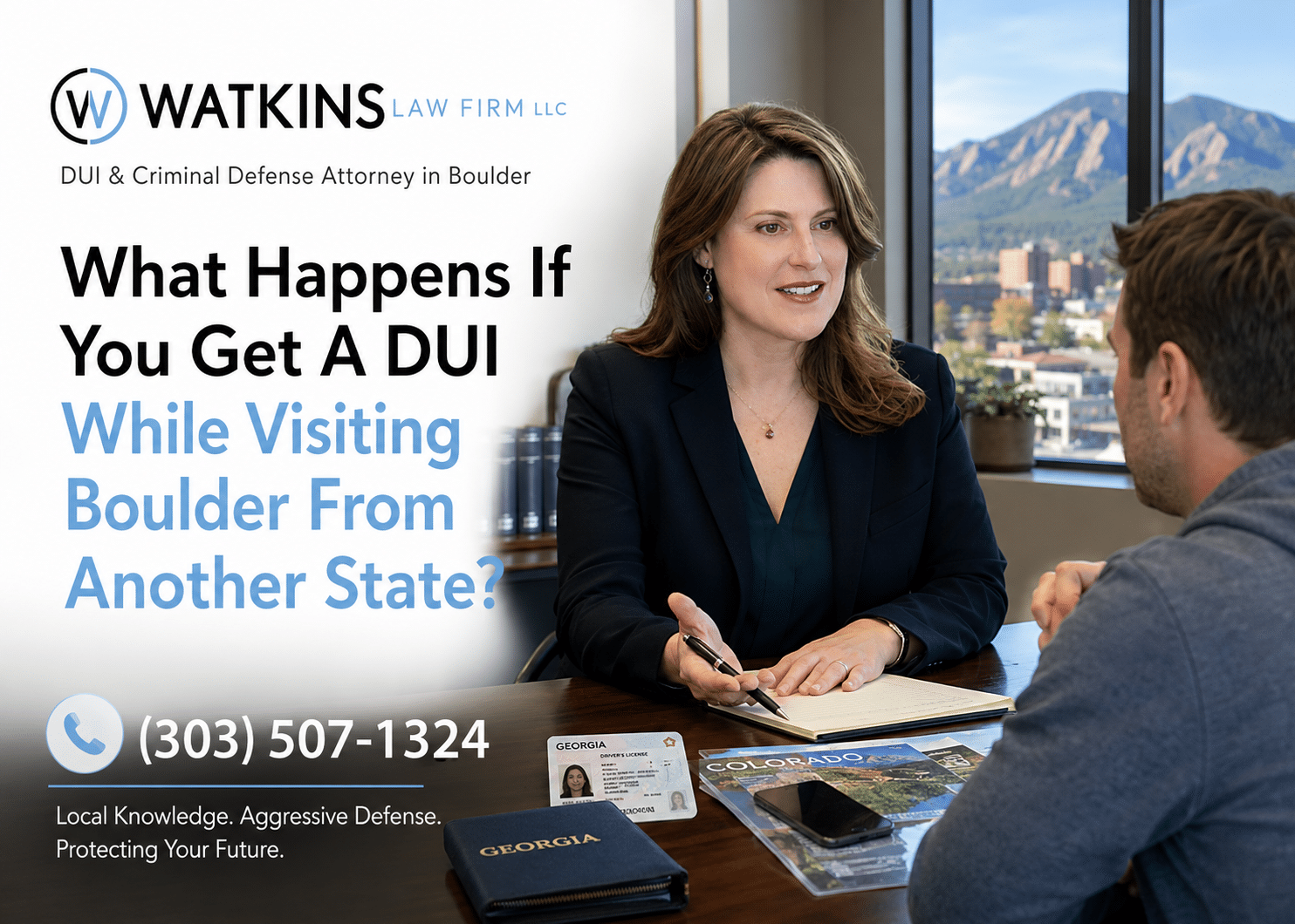 Woman lawyer in a navy blazer consulting with a client across a desk; bold ad text on left, mountain-view office in background; contact info at bottom left and Georgia passport on desk